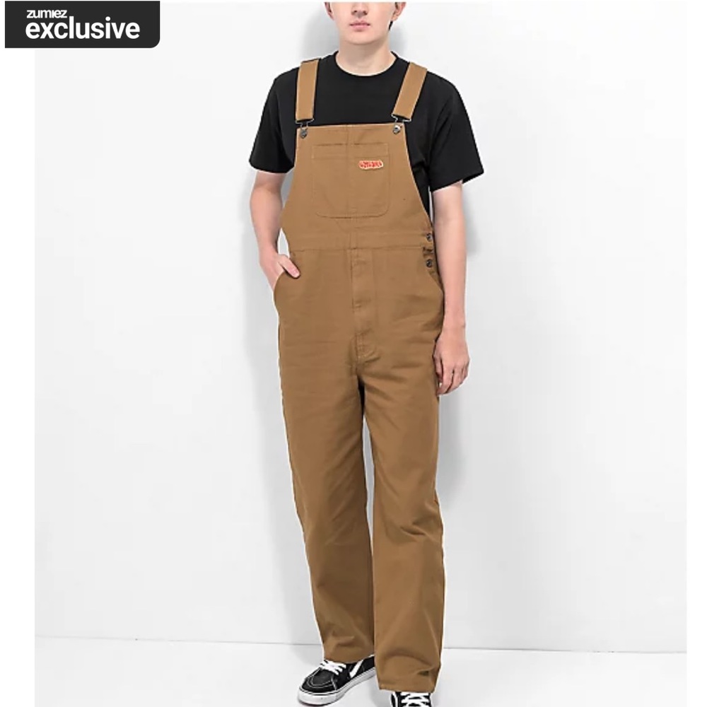 NWT Zumiez Empyre Mens Curbed Canvas Logo Overalls in Dark Beige Tobacco